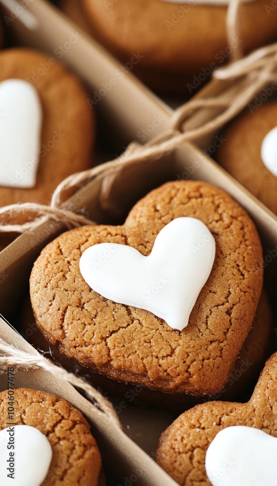 Wall mural Heart-shaped cookies decorated with white icing, arranged in a box.