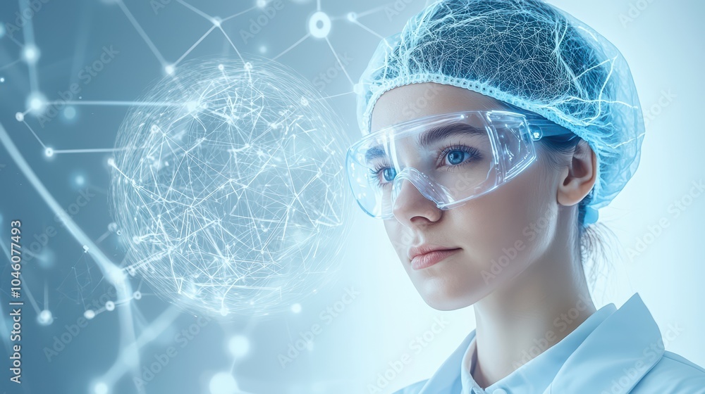 Poster a focused scientist analyzing data with futuristic visuals, embodying innovation and research in lab