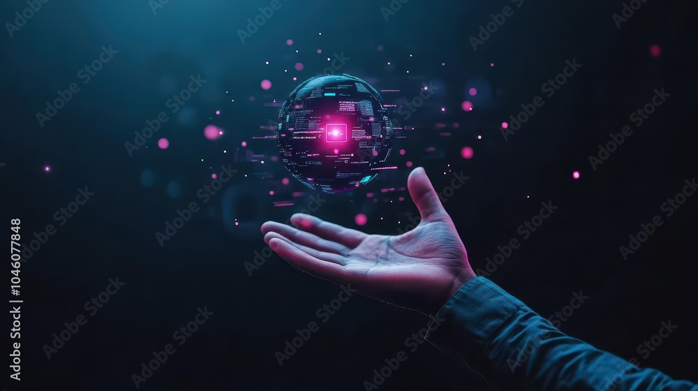 Aufkleber Human hand, augmented reality interface, data floating in midair, digital transformation concept