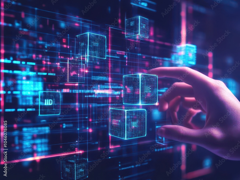 Aufkleber Hand manipulating floating data cubes, neon holographic interface, immersive tech background