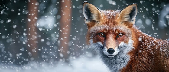 Fototapeta premium A majestic red fox in a snowy forest, showcasing its vibrant fur and keen expression amidst falling snowflakes.