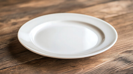 empty white plate isolated on a wooden table