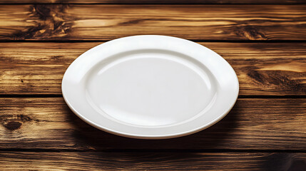 empty white plate isolated on a wooden table