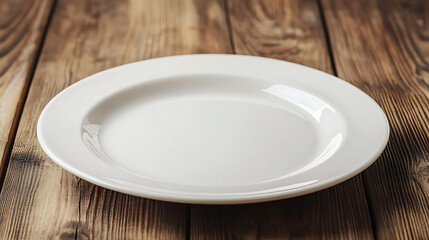 empty white plate isolated on a wooden table