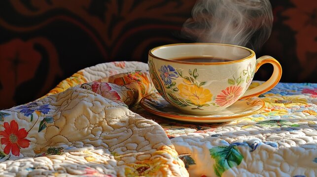 Steaming Coffee Cup on Colorful Quilt