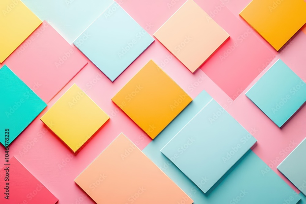 Poster Gradient squares with shadow effects on a geometric pattern background, top view, artistic theme, animation style, Complementary Color Scheme