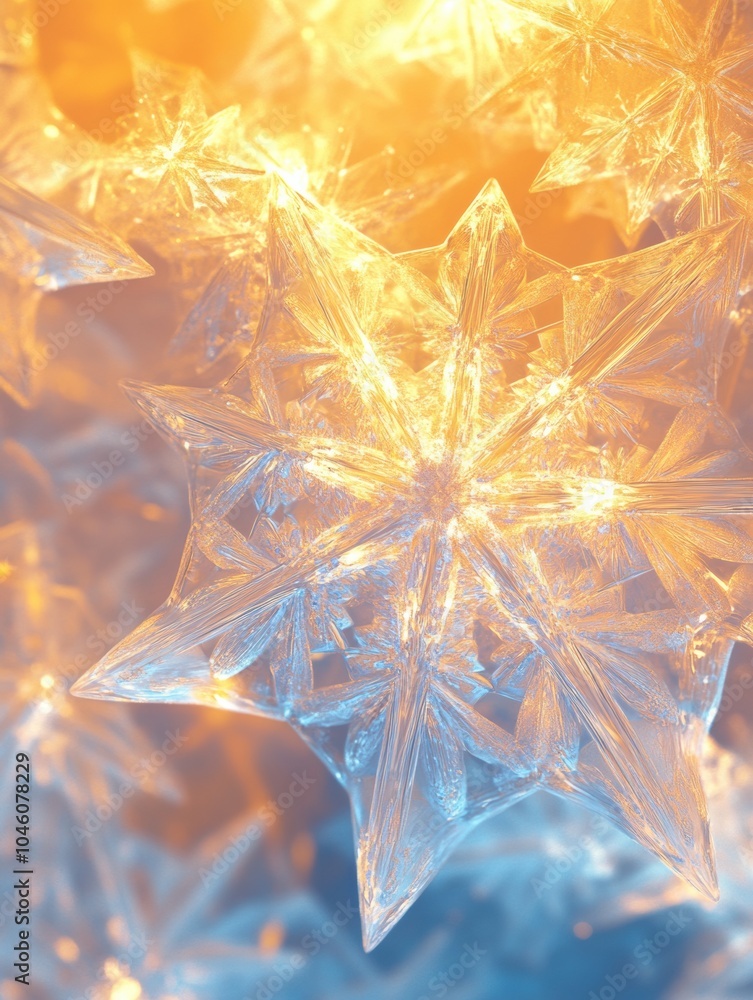 Poster glowing snowflake shapes shimmer with icy hues of blue and gold, evoking a magical winter atmosphere