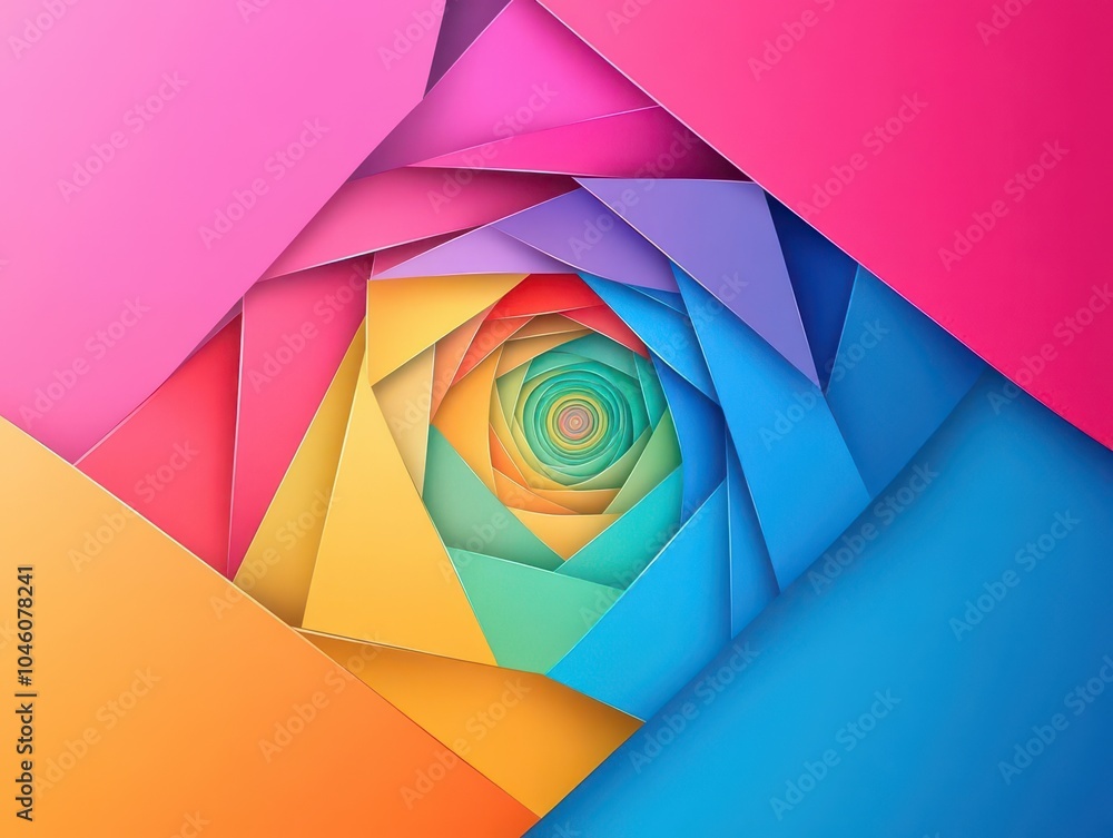 Poster Gradient spirals forming geometric patterns on a flat design background, side view, futuristic theme, cartoon drawing, vivid colors