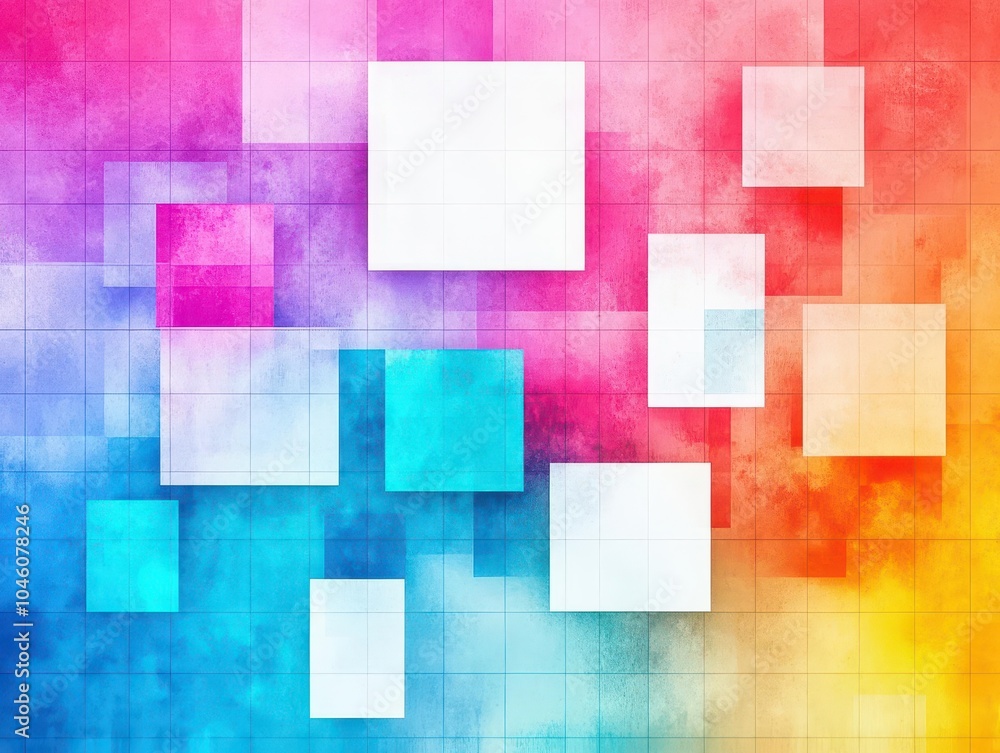 Poster gradient squares layered over a geometric grid background, top view, modern tech theme, watercolor s