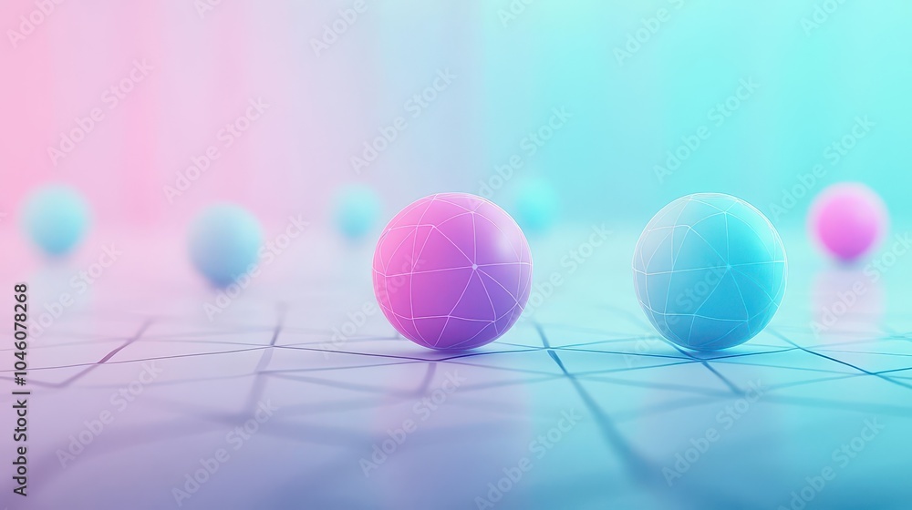 Poster Gradient spheres positioned on a geometric pattern background, front view, abstract theme, animation style, Complementary Color Scheme