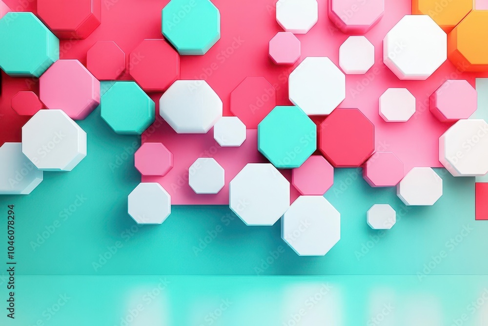 Poster Gradient hexagons connected in a geometric pattern background, front view, minimal theme, 3D render, Triadic Color Scheme