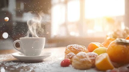 Warm Coffee with Baked Goods and Fresh Fruits Display