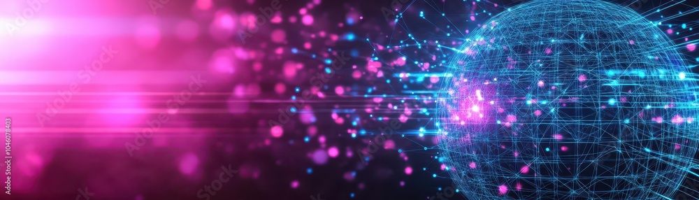 Poster glowing lines and wireframe spheres in a flat design, side view, quantum technology theme, 3d render
