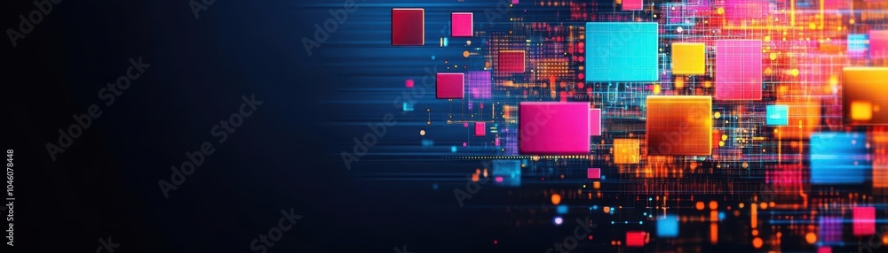 Poster geometric data flow with a flat design, side view, digital transformation theme, animation, vivid