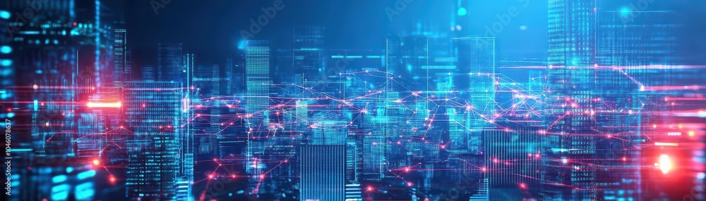 Aufkleber futuristic cityscape, interconnected digital bridges, floating structures, holographic data streams,