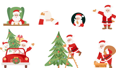 Set of cute Santa Claus characters in different poses, emotions, holiday situations isolated on white background. Hand drawn Christmas vector illustration.
