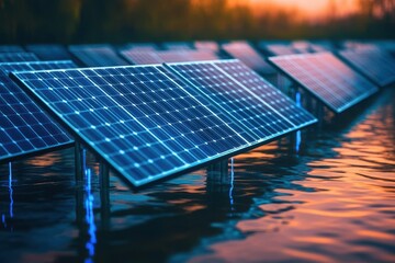 Floating solar farm, blue neon reflections on water, futuristic energy grid