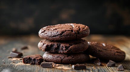 dark chocolate soft cookies isolated on a wooden table