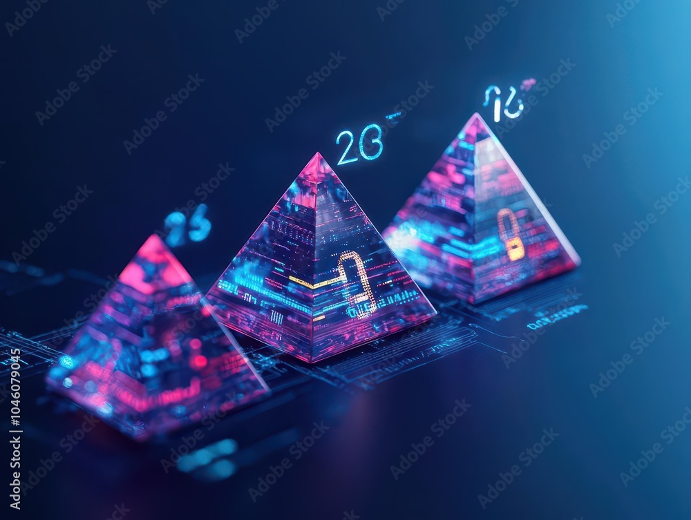 Poster Crystal pyramids holding swirling numbers and data points, top view, depicting big data insights, futuristic tone, Analogous Color Scheme