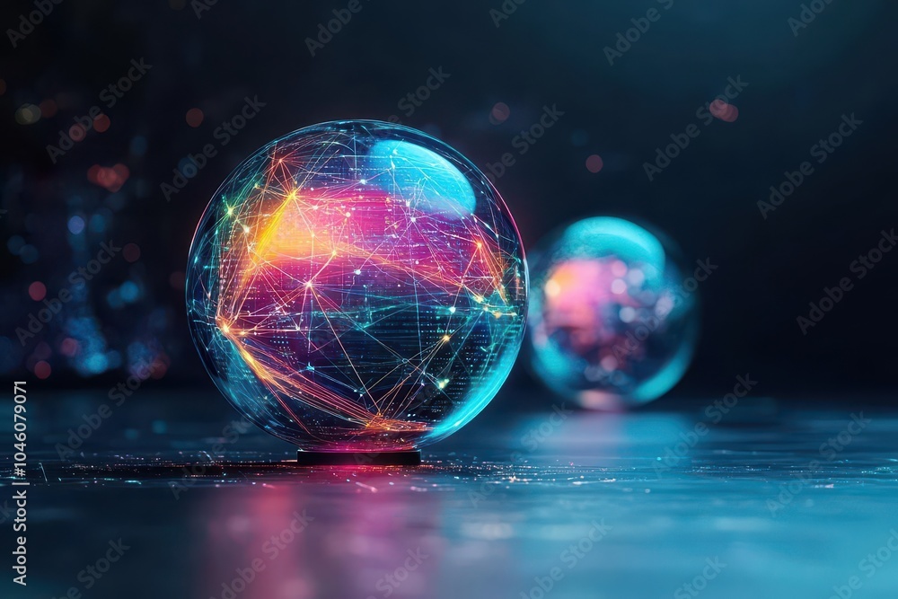 Poster crystal orbs containing swirling data clouds, front view, depicting data visualization tools in big 