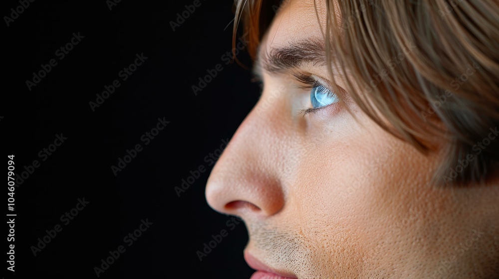 Poster A detailed studio portrait showcasing a young mans unique features, captured in a striking closeup.