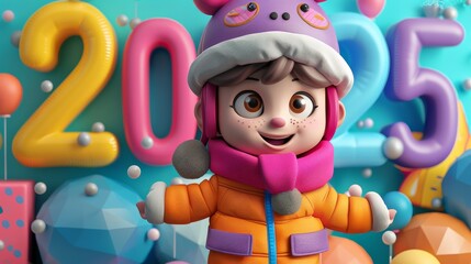 Naklejka premium Cute cartoon child in colorful winter clothing, standing in front of large 