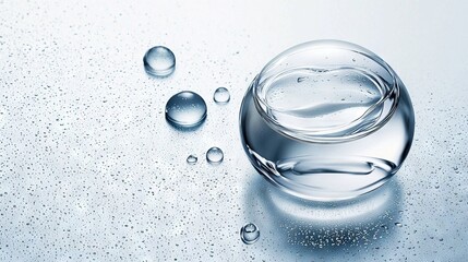   A glass ball atop a water-stained white table with droplets surrounding it