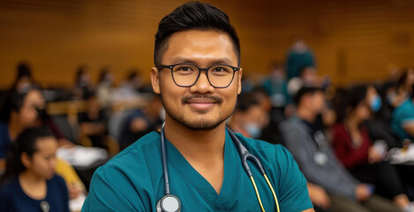 A focused Asian medical student stands out in a lively lecture hall packed with eager learners.