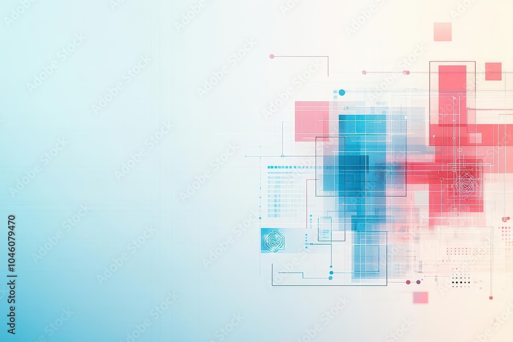 Poster Cluster of geometric tech shapes in a flat design, front view, neural networks theme, water color, Complementary Color Scheme