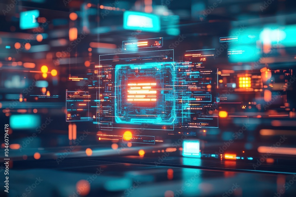 Poster conceptual image of ai outsourcing digital tasks in a futuristic workspace, glowing holographic scre