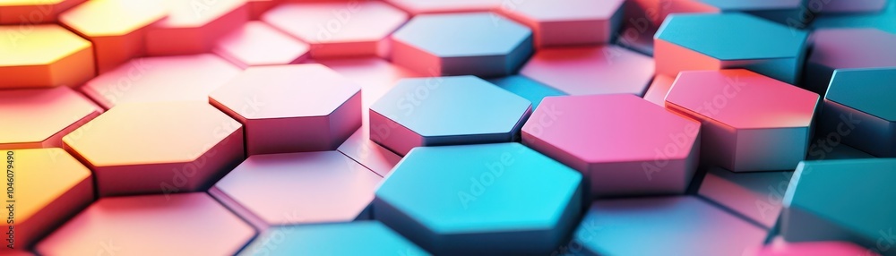 Poster Concentric hexagons with a sunset gradient effect on a flat design background, front view, abstract theme, 3D render, Splitcomplementary color scheme