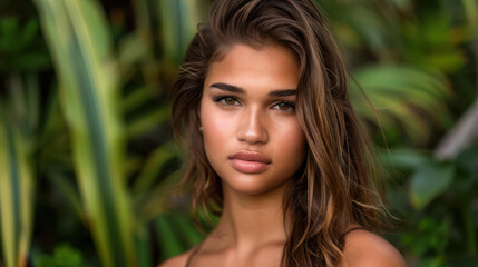 Fototapeta premium A stunning young woman with a sunkissed glow embodies beauty and health, surrounded by lush greenery and vibrant plants.