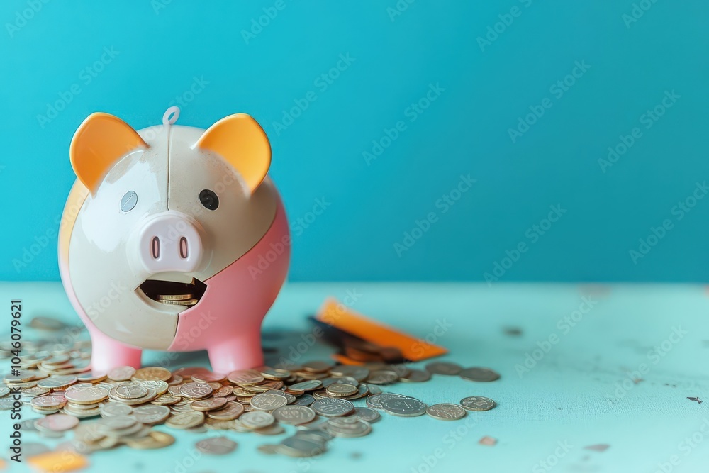 Poster broken piggy bank with coins scattered around, flat design, front view, debt theme, water color, com