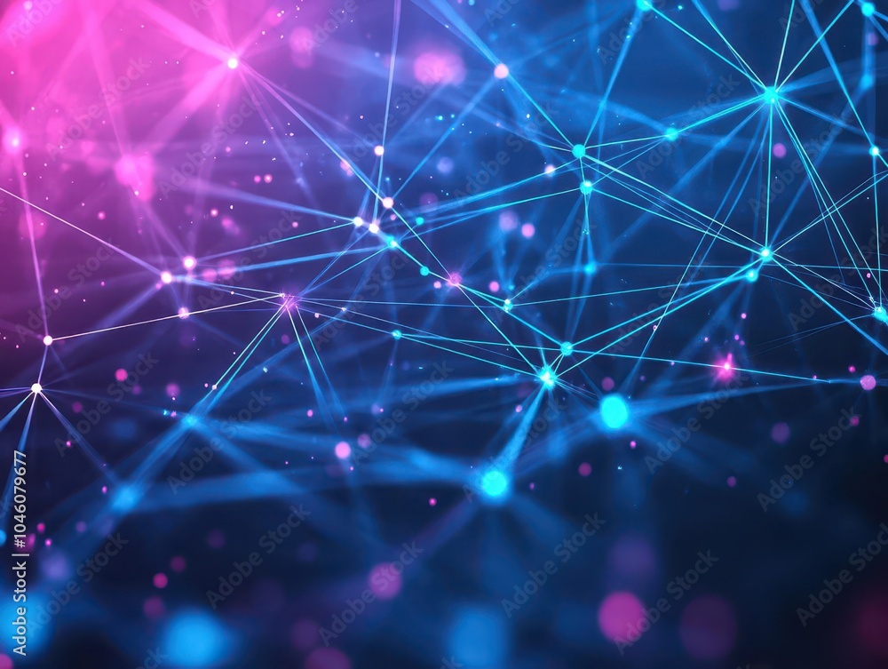 Poster blurred network lines with glowing points in a flat design, top view, ai research theme, water color