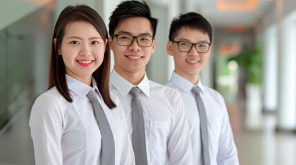 Fototapeta premium A diverse group of young Asian students collaborates on a project, showcasing teamwork and academic enthusiasm.