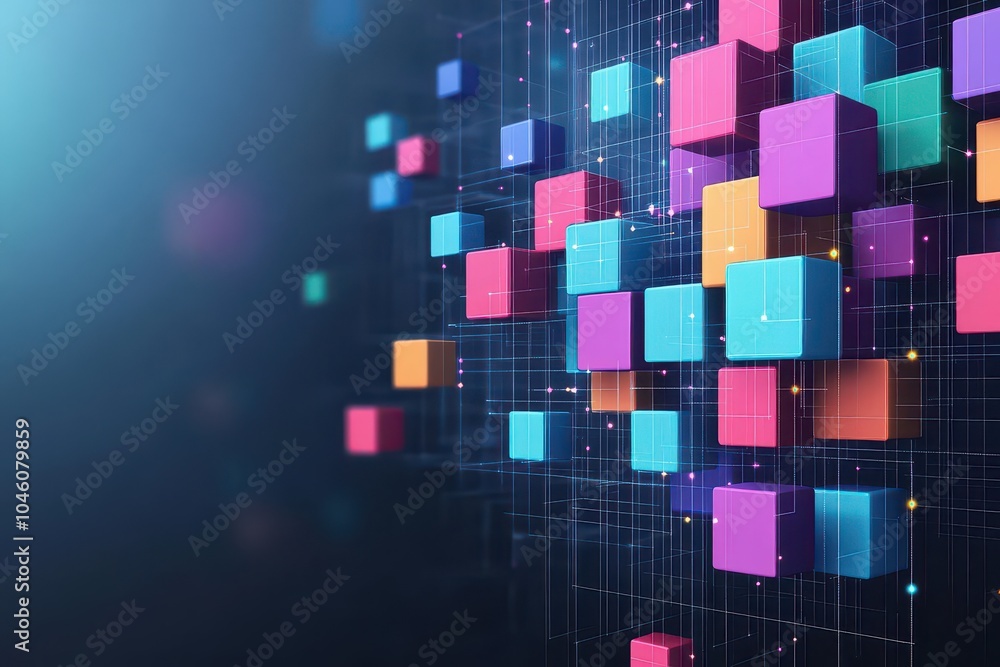 Poster Blocky matrix elements in a flat design, side view, blockchain theme, cartoon drawing, Splitcomplementary color scheme