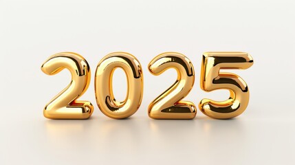 Shiny golden "2025" numbers with a metallic finish on a minimalistic white background.
