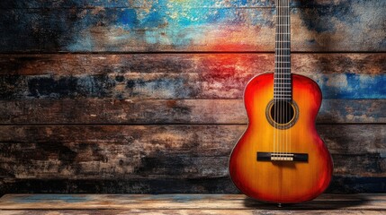 Obraz premium Classic Acoustic Guitar on Rustic Wooden Background