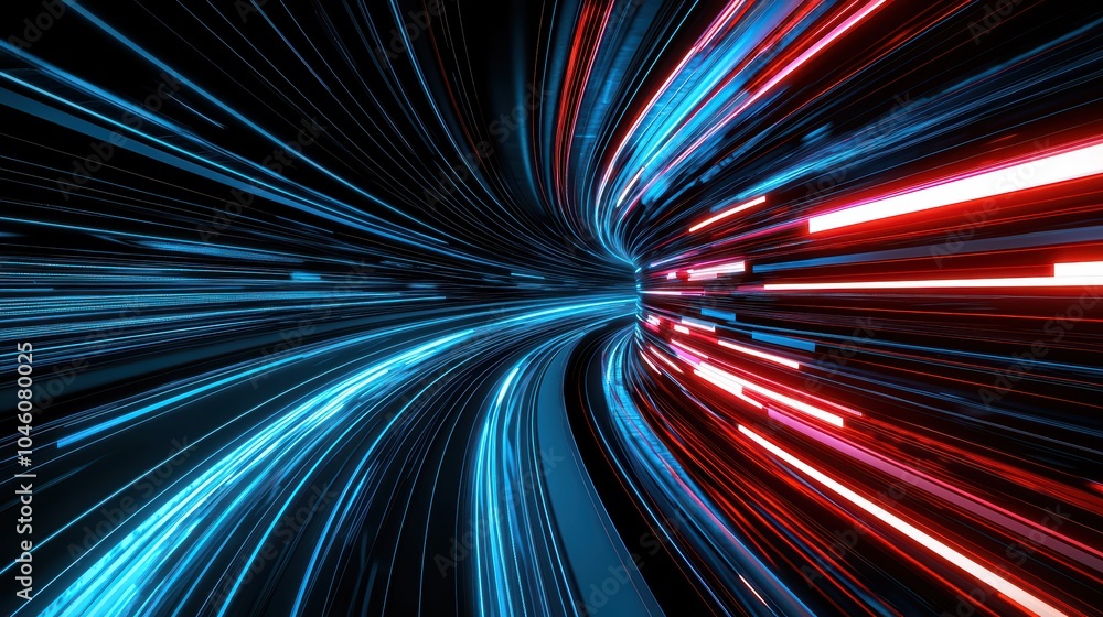 Poster abstract light trails in blue and red colors creating a dynamic, futuristic effect.