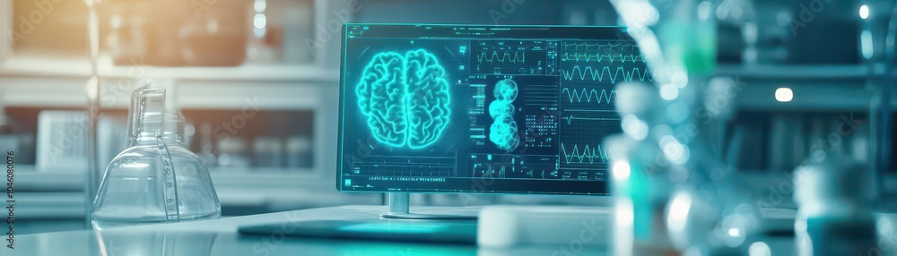 Aufkleber ai analyzing medical data on a holographic display, midrange shot, dim futuristic lab setting, blue 