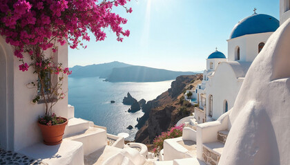 A scenic Santorini house with bougainvillea, blue domes, and Aegean Sea, ideal for tourism.  