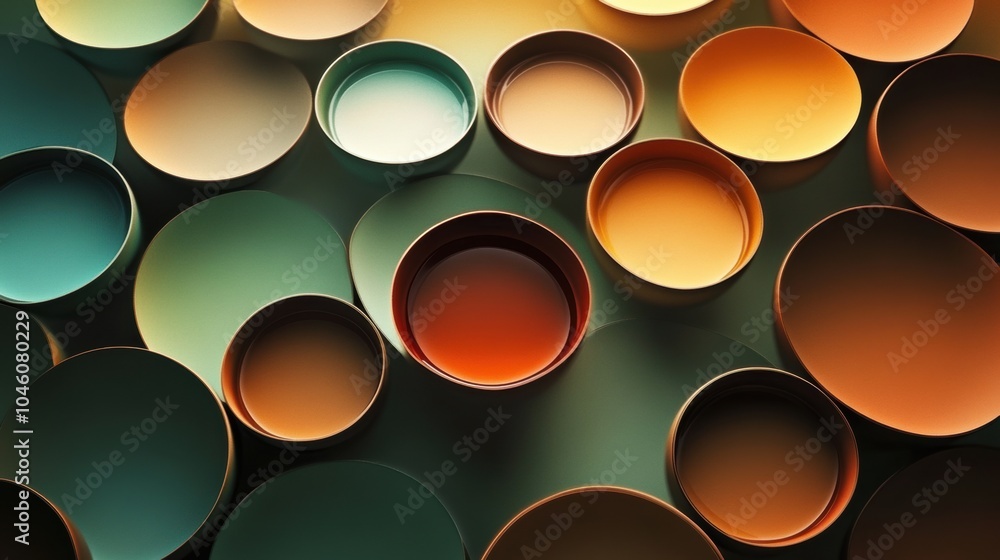 Aufkleber a collection of circular tea cups in rich brown and green tones is artfully arranged, evoking warmth