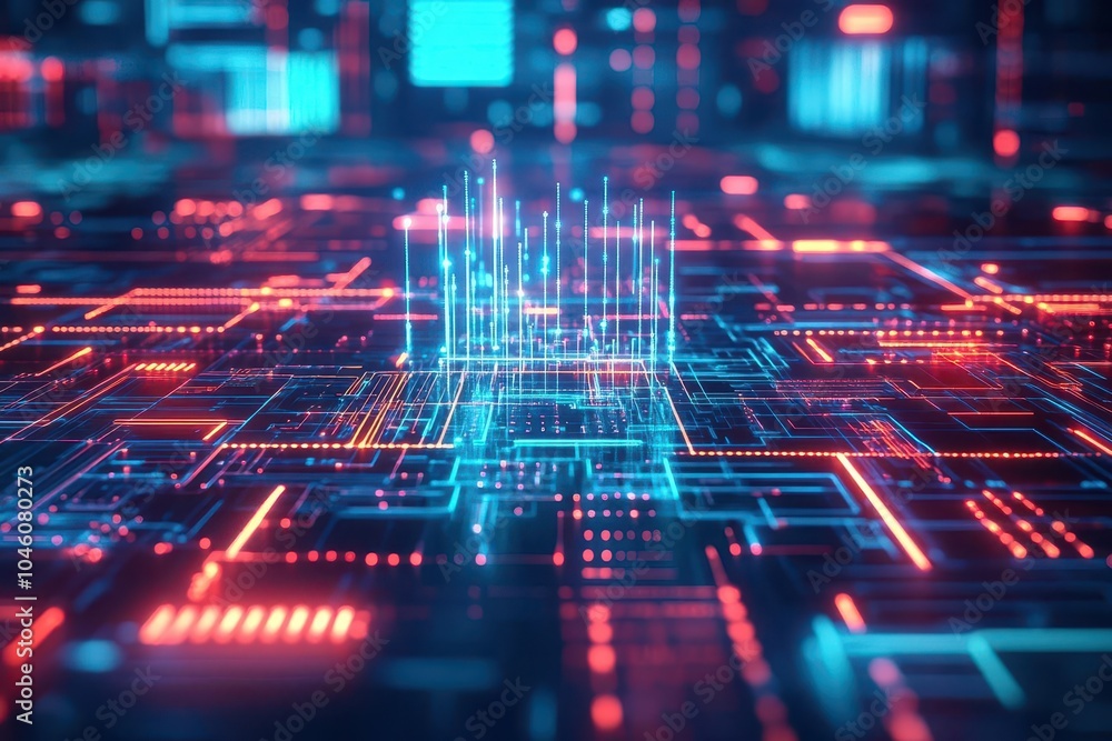 Poster abstract architecture, digital circuits connecting structures, holographic displays, neon glow, futu