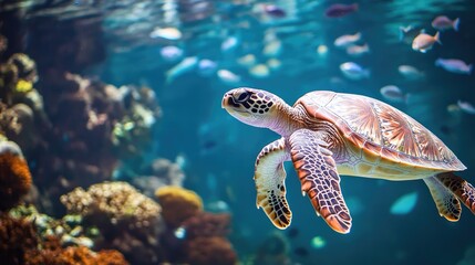 Fototapeta premium Graceful Sea Turtle Swimming in Clear Ocean Water
