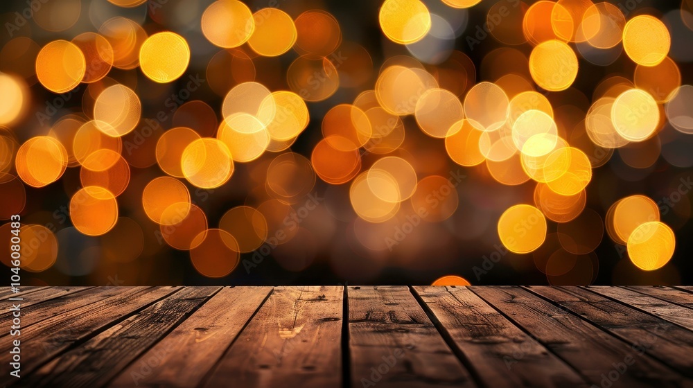 Poster an empty wooden table awaits a touch of warmth, set against a backdrop of blurred bokeh cafe lights,