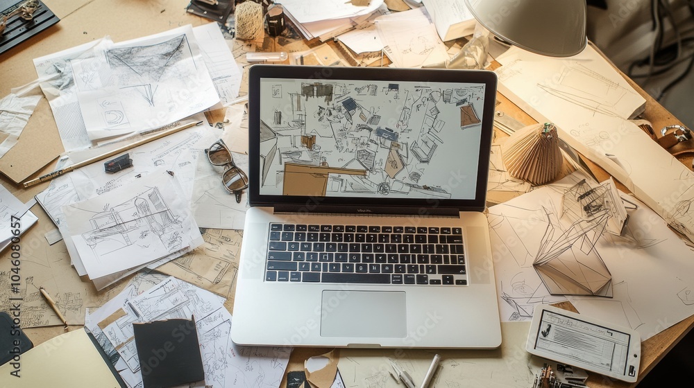 Poster an organized yet chaotic desk filled with sketches, design materials, and a laptop showing ongoing w