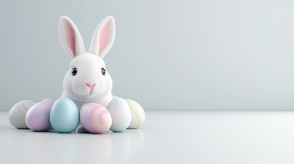 Obraz premium Celebrate spring with a vibrant Easter banner featuring colorful eggs and a playful rabbit, perfect for festivities