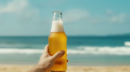 A person enjoys a cold beer while relaxing on the beach, soaking up the summer sun and refreshing vibes.