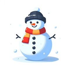Naklejka premium Flat, isolated illustration of a happy snowman wearing a cozy scarf and hat. The simple design features rounded shapes, a carrot nose, and twig arms, set against a clean white background.