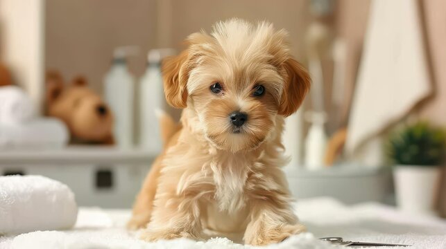 Skilled groomer expertly trims fur on a tiny pup at a cozy pet spa. Quality service for your beloved furry friend